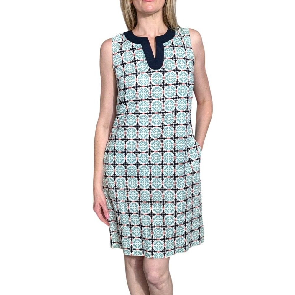 Talbots Linen Cotton Shift Dress Sleeveless Blue Geometric Print Pockets Size 6